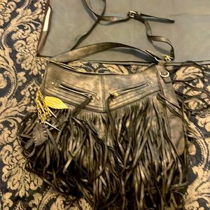 Gray leather fringe purse by Aldo.